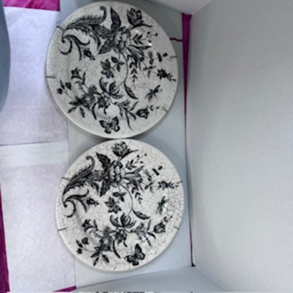 2 Vintage Cottage Mod-Toile Inspired plates black and off white ceramic